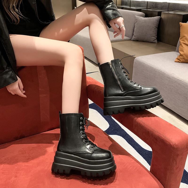 European and American foreign trade large-size women's boots 2025 autumn new muffin thick-soled short boots round head lace-up trendy Martin bo