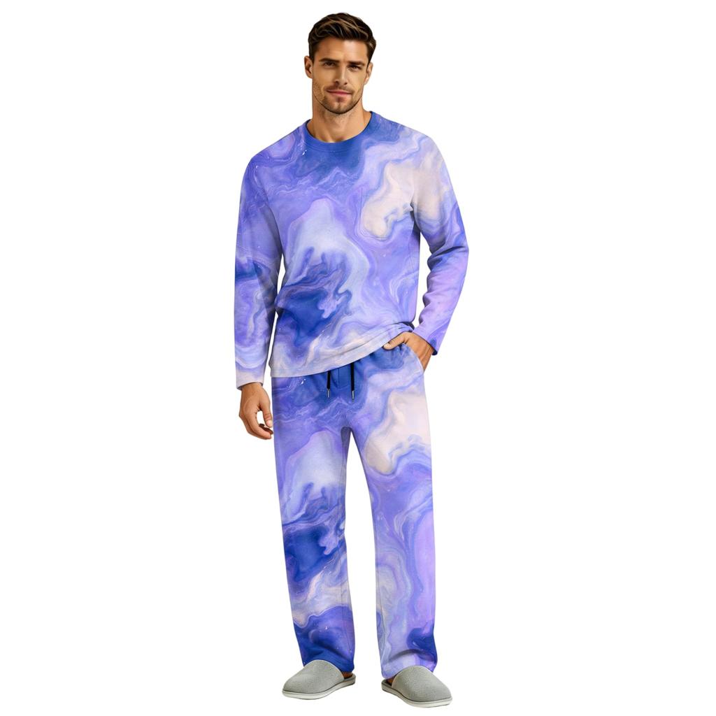 Men's Pajama Set Long Sleeve Top and Pants with Button Fly and Elastic Drawstring Waist