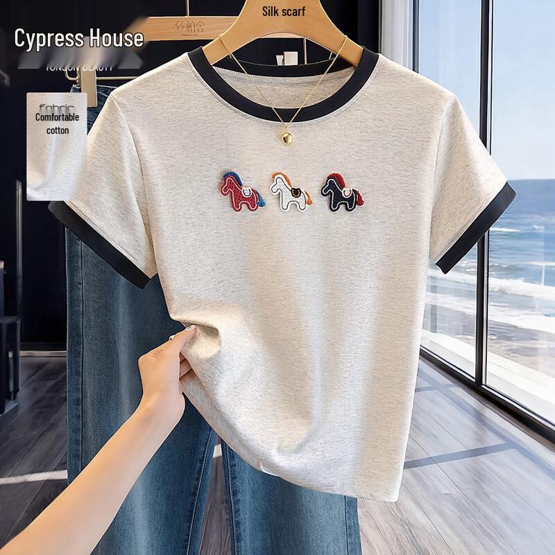 Women s Pure Cotton Color-Block Horse Print T-Shirt M
