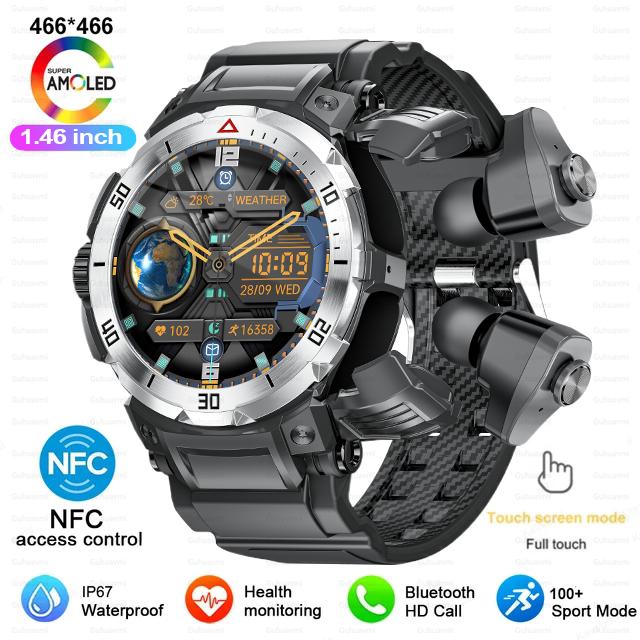 New 1.46" Amoled Original Smartwatch TWS Headphones 2-in-1 Men's Outdoor Sports Watch Bluetooth Call NFC Smart Watch Local Music