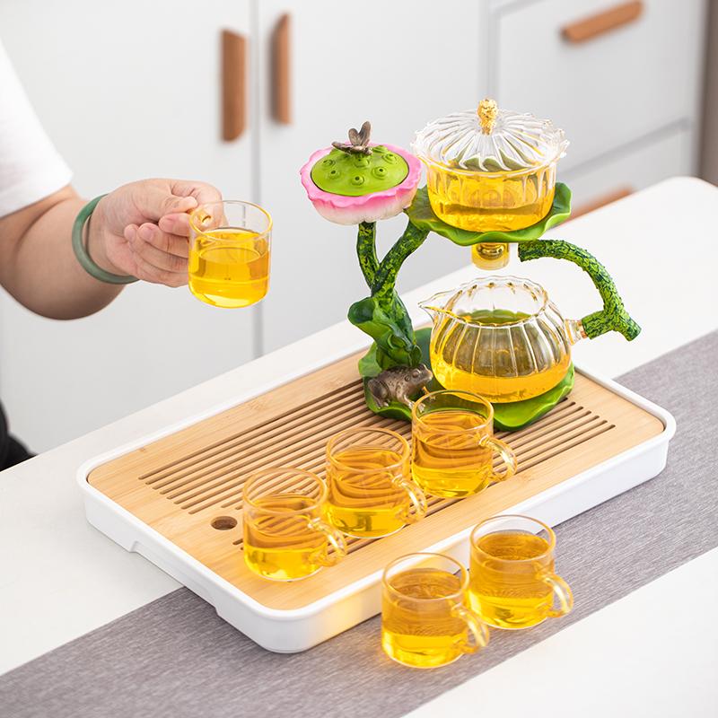 1 set of magnetic lazy tea set - Creative Lotus automatic glass teapot, tea cup, tea can, tea tray Chinese Kung Fu tea set
