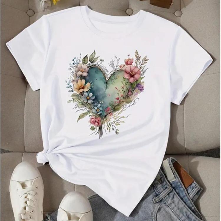Women's Heart Print T-shirt Short Sleeve Crew Neck Casual Top For Spring Summer