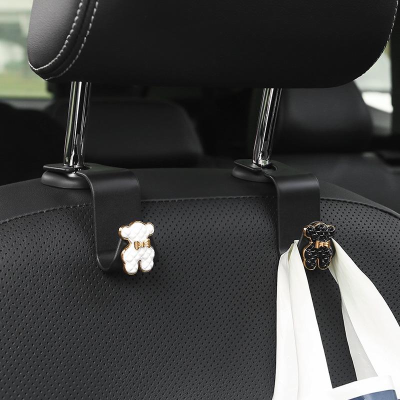 Cartoon Car Seat Back Hooks Diamond Camellia Flowers Cute Bears Decoration Car Interior Storage Hook Handbag Hanging Holder Hook