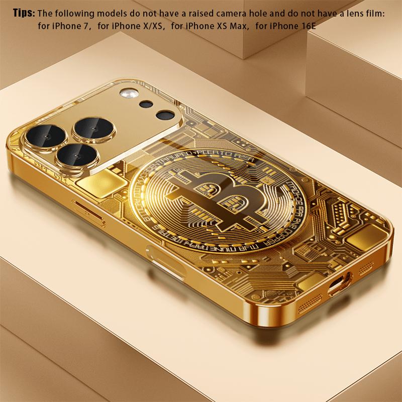 Bitcoin pattern tempered glass phone case suitable for iPhone 17 16 15 14 13 12 11 Pro Max Plus shockproof and anti drop