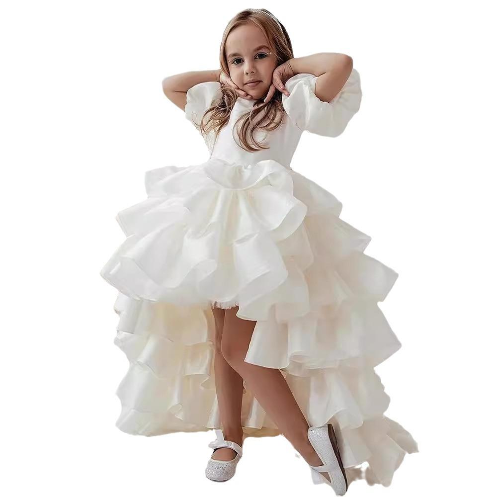 Girls' White Puffy Princess Dress - Flower Girl Wedding Long Gown