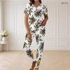 Women Plus Size V Neck Short Sleeve Rose Floral Print White Pajama Loungewear Set