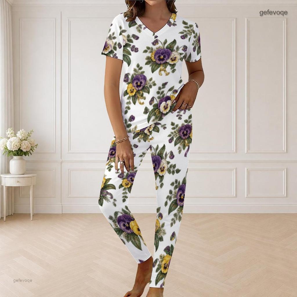 Women Plus Size V Neck Short Sleeve Rose Floral Print White Pajama Loungewear Set