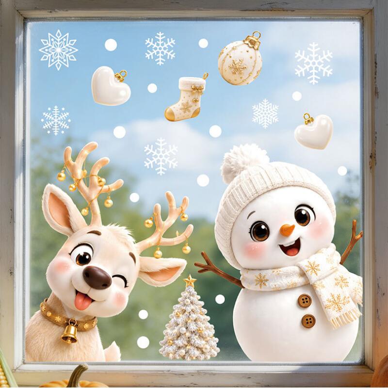 Christmas Window Clings, PVC Static Double-Sided Stickers with Snowflakes and Winter Character Designs for Glass Decor
