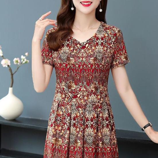 Vintage Floral Print Midi Dress for Women Short Sleeve Smocked Waist A-Line Dress Summer V Neck Swing Sundress