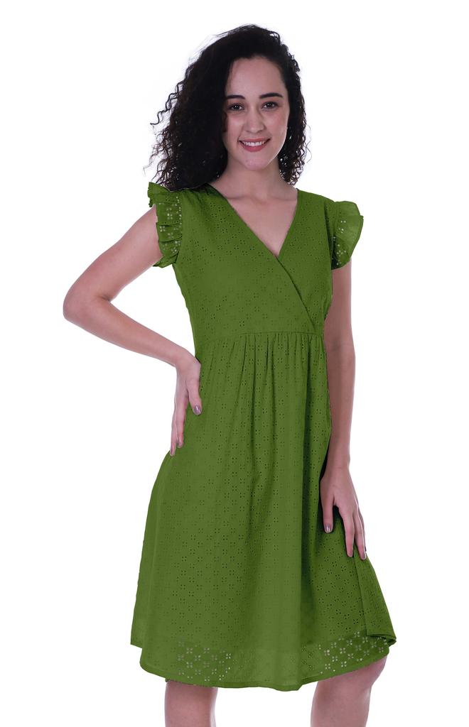 Moomaya Schiffli Dress Frill Sleeve W  V-neck Casual Relaxed Summer Garden