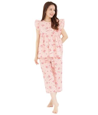 SAN1481 Verifică pijamalele cu volane My Melody cu mânecă scurtă și pantaloni lungi, set top și bottom, îmbrăcăminte de casă mymelody Sanrio [SAZAC] Damă, caisă/M