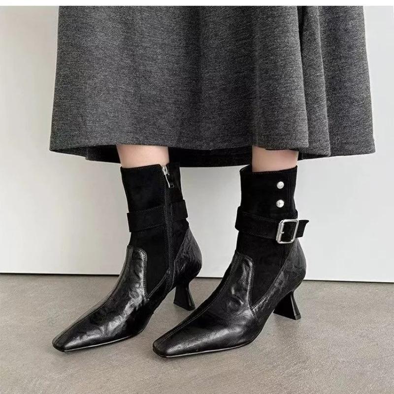 High Heels Women Ankle Boots Elegant Metal Decoration Woman Modern Boot Side Zipper Sexy Soft Leather Women'S High Boots