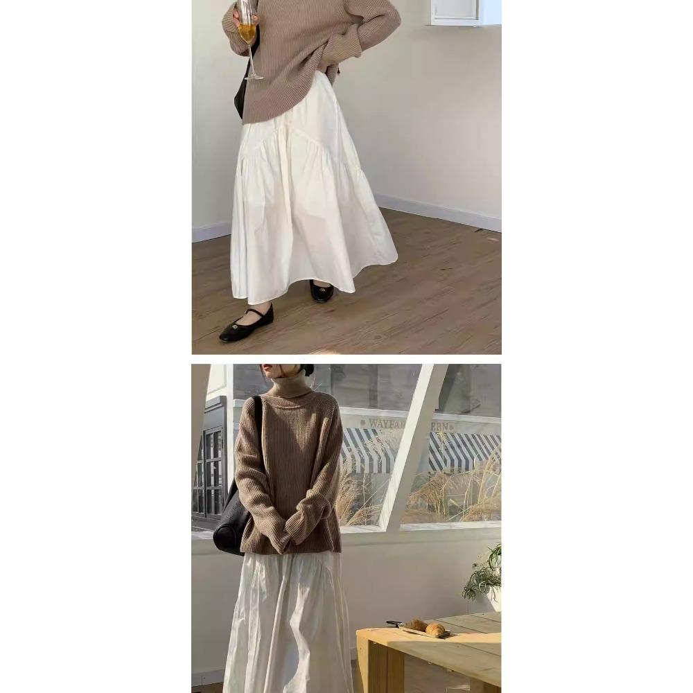 Damen Schick Einfach Plissiert Patchwork Elastischer Bund A-Linien Midilanger Rock