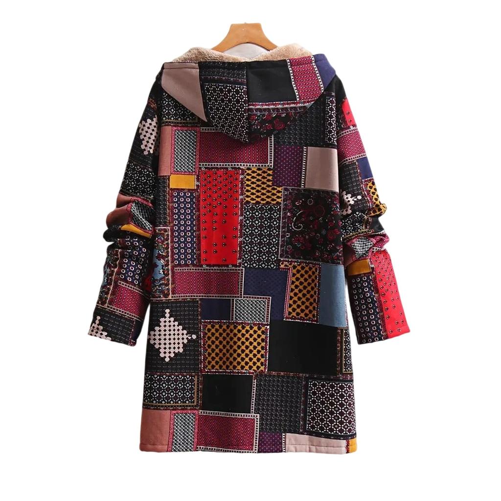 Womens Winter Button Patchwork Fleece Hooded Jacket Coat Long Sleeve Warm Liner Pocket Coat