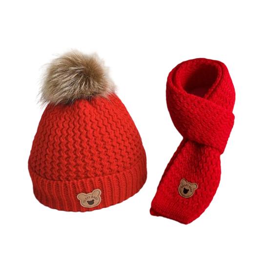 Kids Winter Hat Scarf Set Soft Knitted Warm Pom Pom Skull Cap And Neck Warmer Cold Weather Set for Boys Girls Toddlers