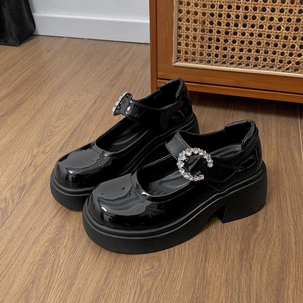 Black French round head shallow mouth thick sole thick high heel single shoes women's summer 2025 new height-increasing small leather shoes Mary J