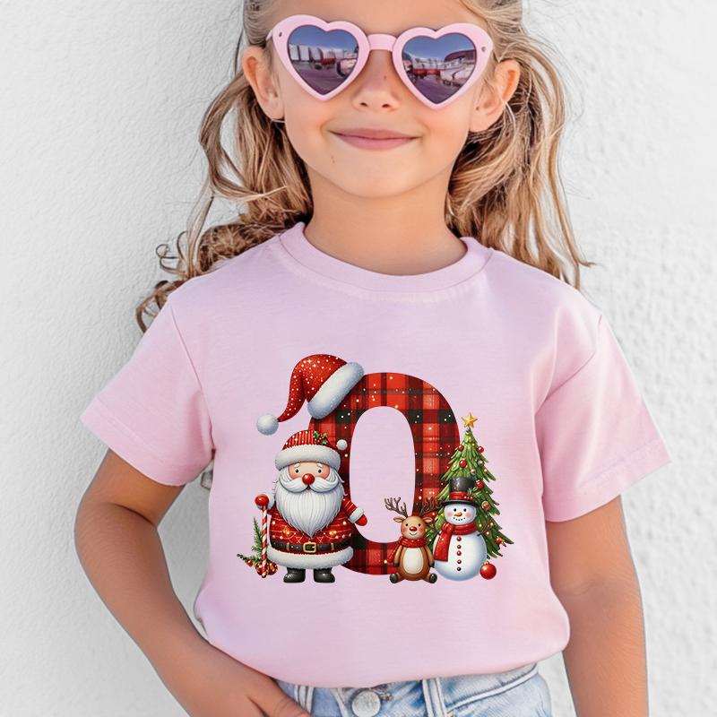 Personalized Kids Christmas T-shirt with A-Z Alphabet Print, Santa Hat Design for Boys & Girls