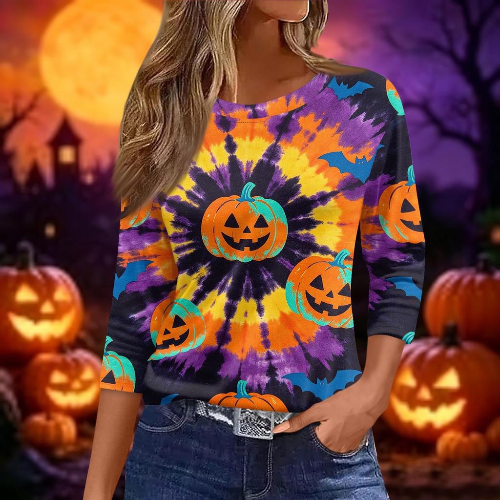 Women’s Casual Loose Fit Round Neck Three Quarter Sleeve Shirt with Halloween Pumpkin Print Tie Dye Pattern for Everyday Wear