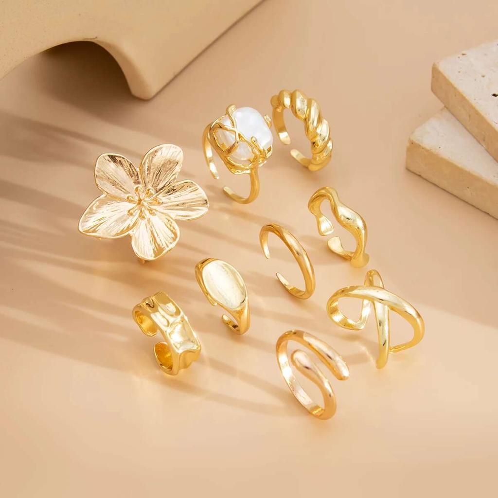 Ingemark 9Pcs/Set Vintage Elegant Imitation Pearl Flower Rings Women Creative Irregular Open Finger Ring Wedding Banquet Jewelry