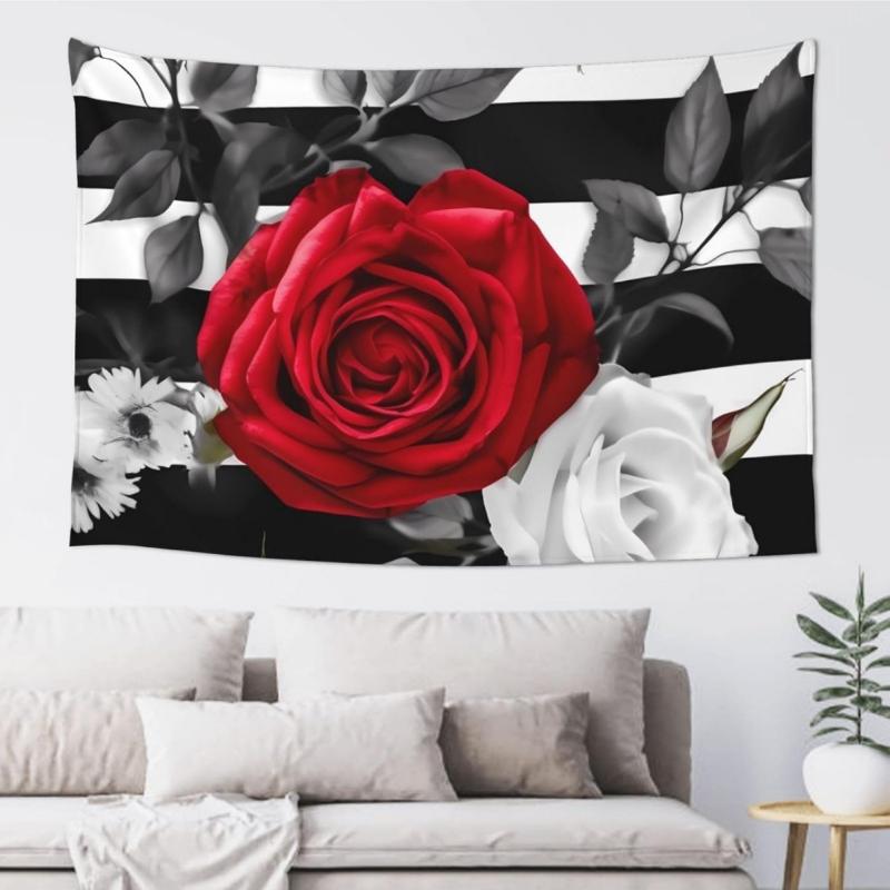 Black White Stripes Red Rose Flowers Tapestry Wall Hanging Poster For Bedroom Aesthetic Wall Tapestries Banner Modern Wall Art