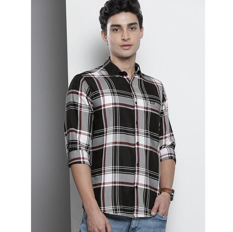 Men's Slim Fit Checkered Full Sleeves Spread Collar Premium Cotton Casual Shirt