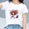 Kids Cotton T Shirt Colorful Hair Girl Running With Black Puppy Print Crew Neck Short Sleeve Tee Casual Boys Girls Summer Tops