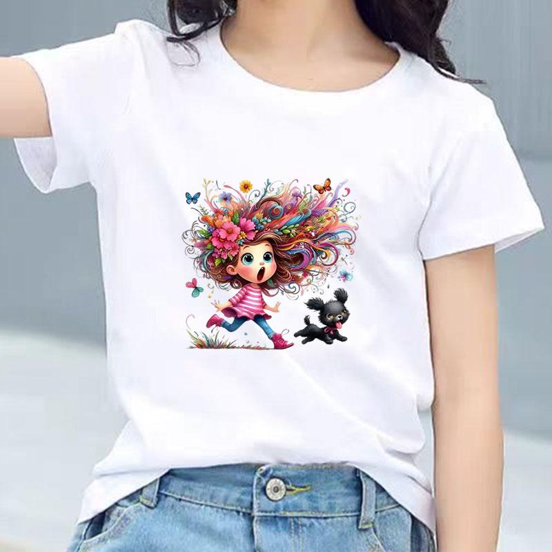 Kids Cotton T Shirt Colorful Hair Girl Running With Black Puppy Print Crew Neck Short Sleeve Tee Casual Boys Girls Summer Tops