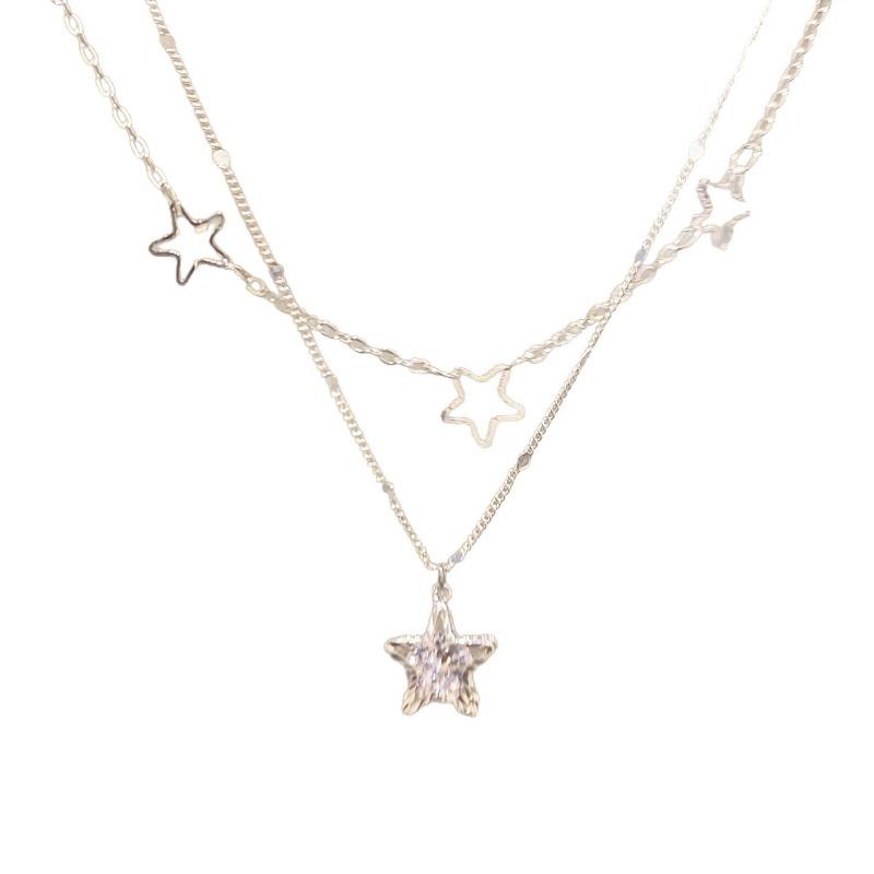 Delicate Sparkling Zircon Double Layered Star Pendant Clavicle Necklace For Women