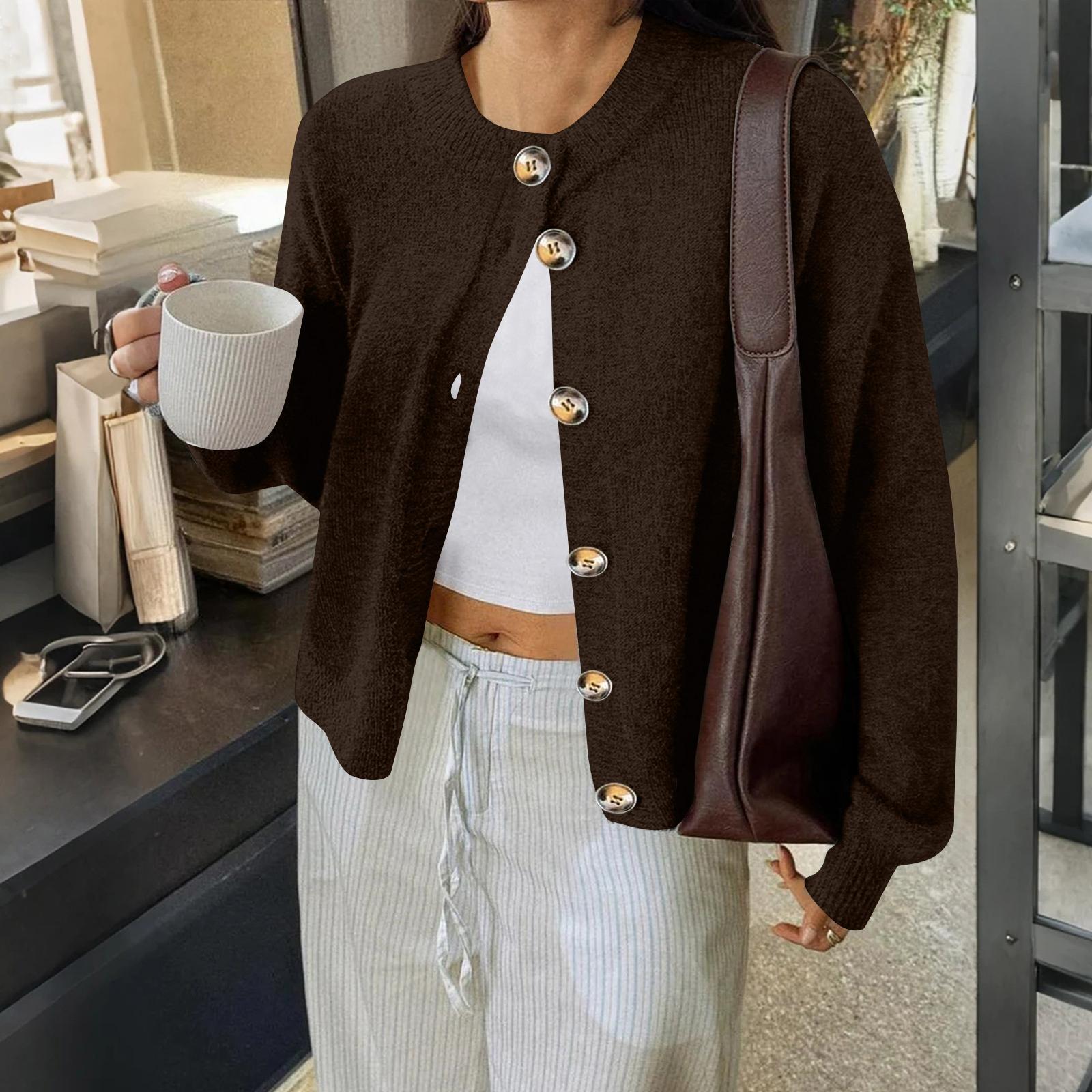 

Women s Cardigan Sweaters Lightweight R-Neck Long Sleeve Outfits Fall Fashion Clothing S коричневий