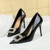 Fashion Western Style Pumps Women Shoes 10cm Thin Heels Glossy Patent Leather Shallow Pointed Toe Metal Crystal Buckle Pumps Black Red
