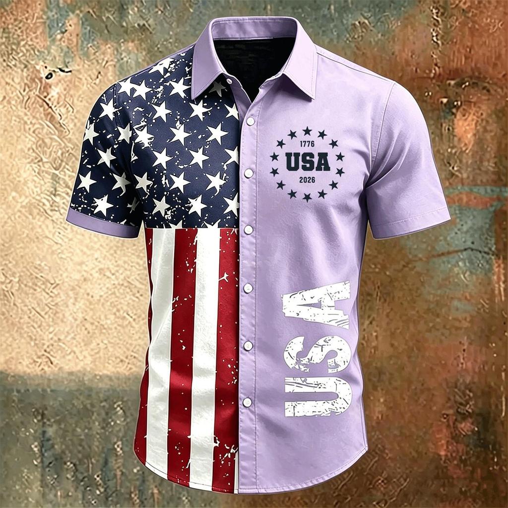 Men Short Sleeve Button Down Shirt with Lapel Collar Casual Fit USA Letter Print and Flag Pattern for Spring and Summer Season