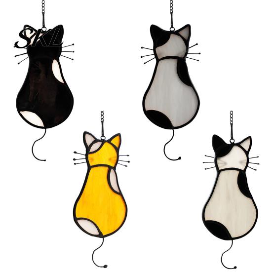 Retro Style Cat Decoration Acrylic Pendant, with Metal Hanging Chain, Stained Glass Effect Rental Friendly Window Decor Pendant Decoration,