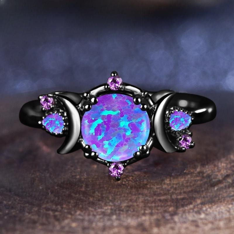 Round Mysterious Purple Opao Ring Women's Black Wedding Band Engagement Party Anniversary Zircon Mother's Day Gift