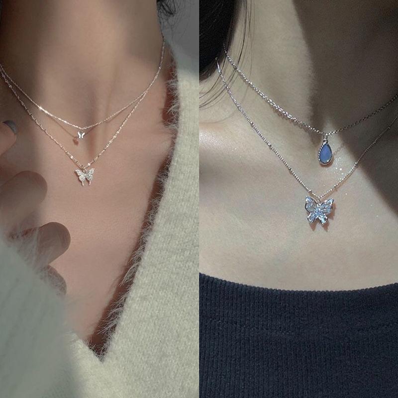 Korean Style Star Moon Butterfly Pendant Choker Necklace Double Layer Clavicle Chain For Women Girl Jewelry Accessories