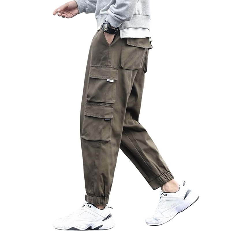 

[JHIJSC] cargo pants men s spring Relaxing pants Fashionable long pants casual Plain color big size (JP, alphabet, XL, brown)