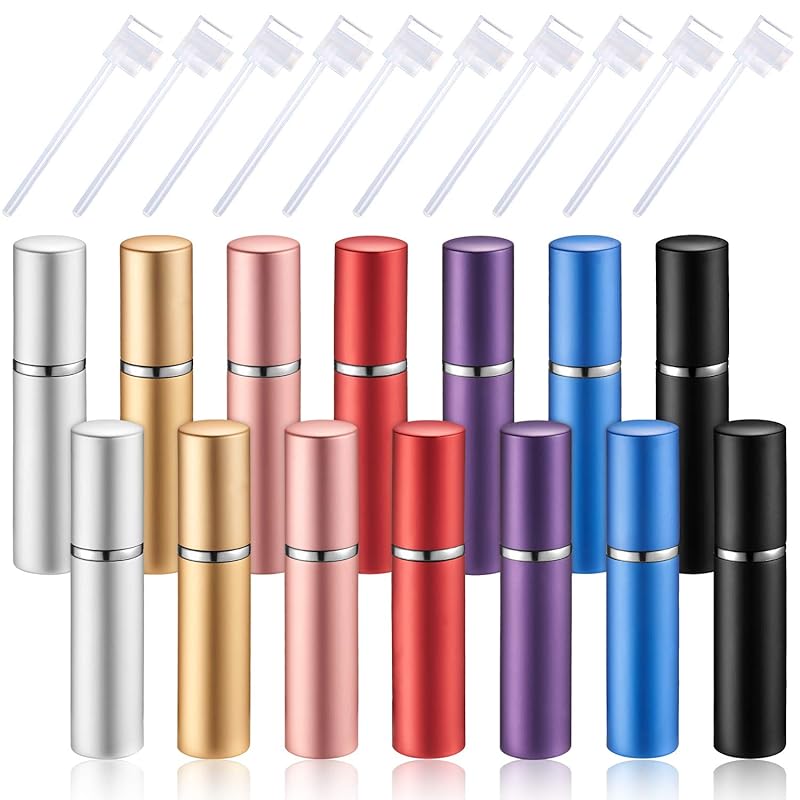 14 Pcs 5 ml Travel Perfume Atomizer Mini Refillable Spray Perfume Bottle Portable with 10 Pcs Refill Pump Dispenser Pump Transfer Tool for Outgoing 0.2 Ounces