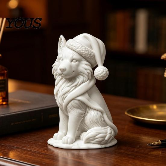 White Wolf Statue 3D Printed Figurine, Cute Christmas Animal with Santa Figurine Hat And Scarf for Tabletop, Mantel Shelf Home Office Decor