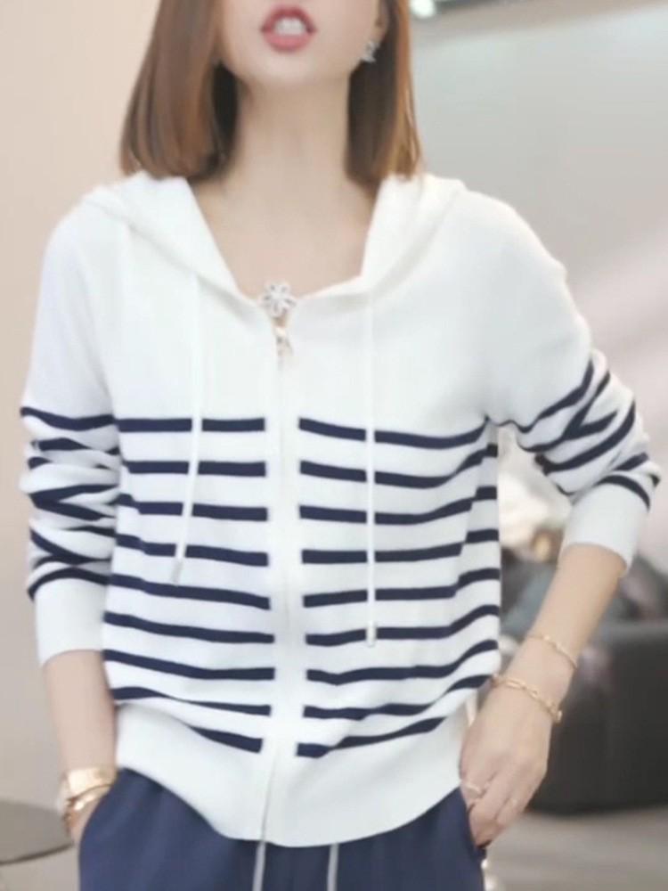 Trendy Women's Color Block Striped Knit Hoodie - Early Autumn Style, High-End, Loose Fit, Slimming, Versatile Cardigan