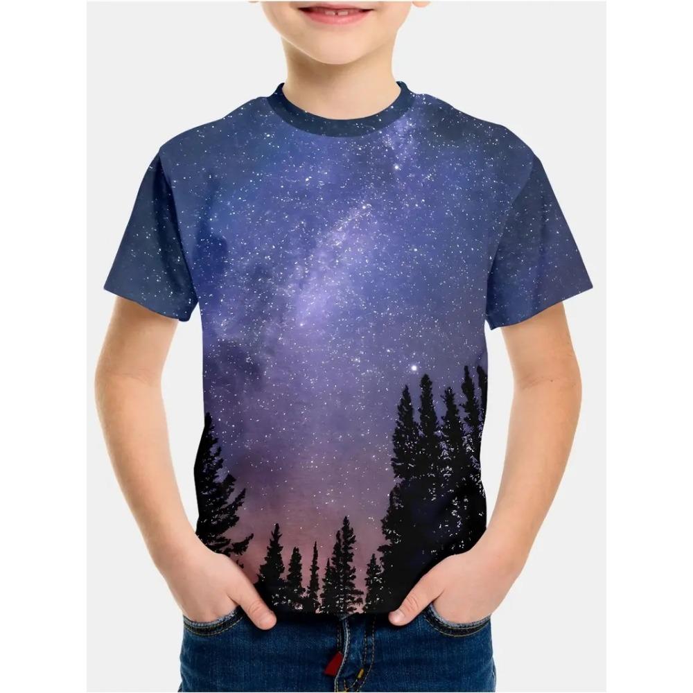 Children's clothing, boys' breathable and suitable T-shirt, 3D printed space pattern short sleeved shirt, boys' summer fashion, cool round neck top