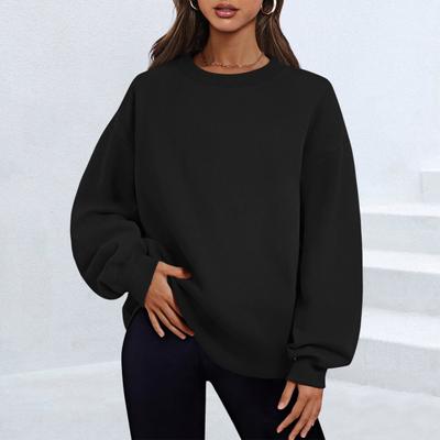 Women Sweatshirt Thickened Plush Round Neck Solid Color Loose Split Hem Pockets Pullover Mid