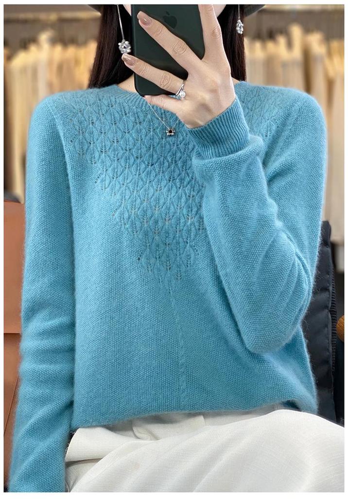 Women's Cashmere Hollow-Out Round Neck Knitted Wool Pullover Sweater
