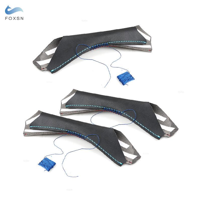 For BMW 3 Series E90 E91 2005-2012 3pcs LHD/RHD Car Interior Hand Sewing Door Handle Pull Leather Cover Black with Red Blue