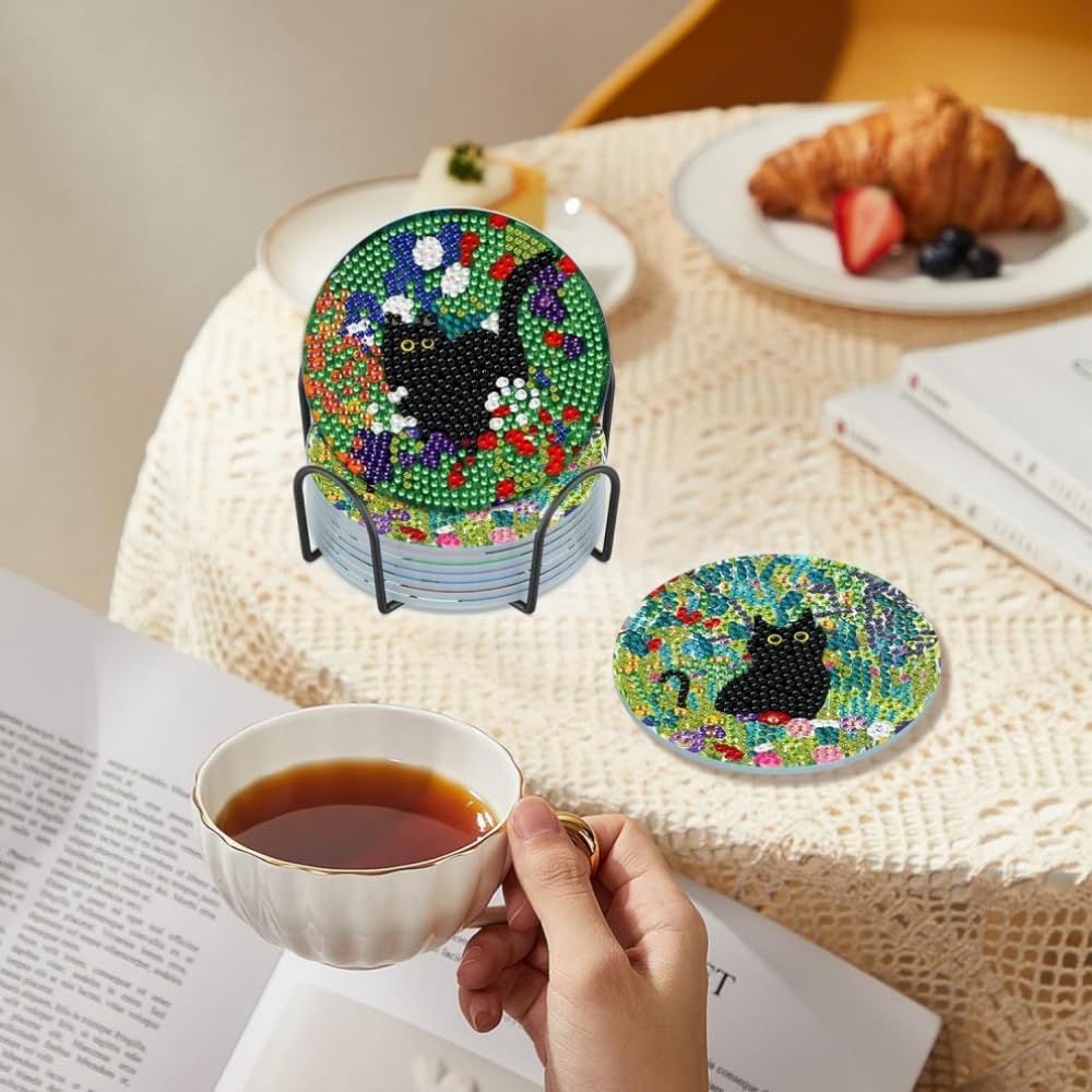 Diamond Art Coaster Kit (6-Piece Set) - DIY Diamond Painting Kit for Beginners, Cute Cat Cartoon Mosaic Ornaments, and Decorative DIY Kit with
