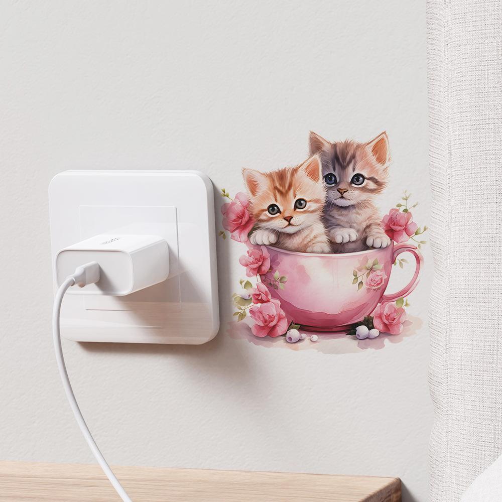 Whimsical Teacup Cat with Flowers Light Switch Stickers Playful Cartoon Decals for Living Room and Hallway Decor