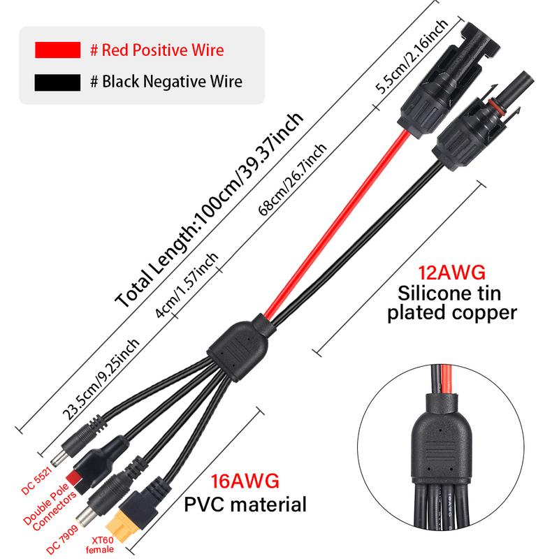 4-in-1 Solar Panel Connector To XT60/DC5521/DC7909 Solar Panel Extension Cable 12AWG Bipolar Link Silicone Tinned Copper Wire