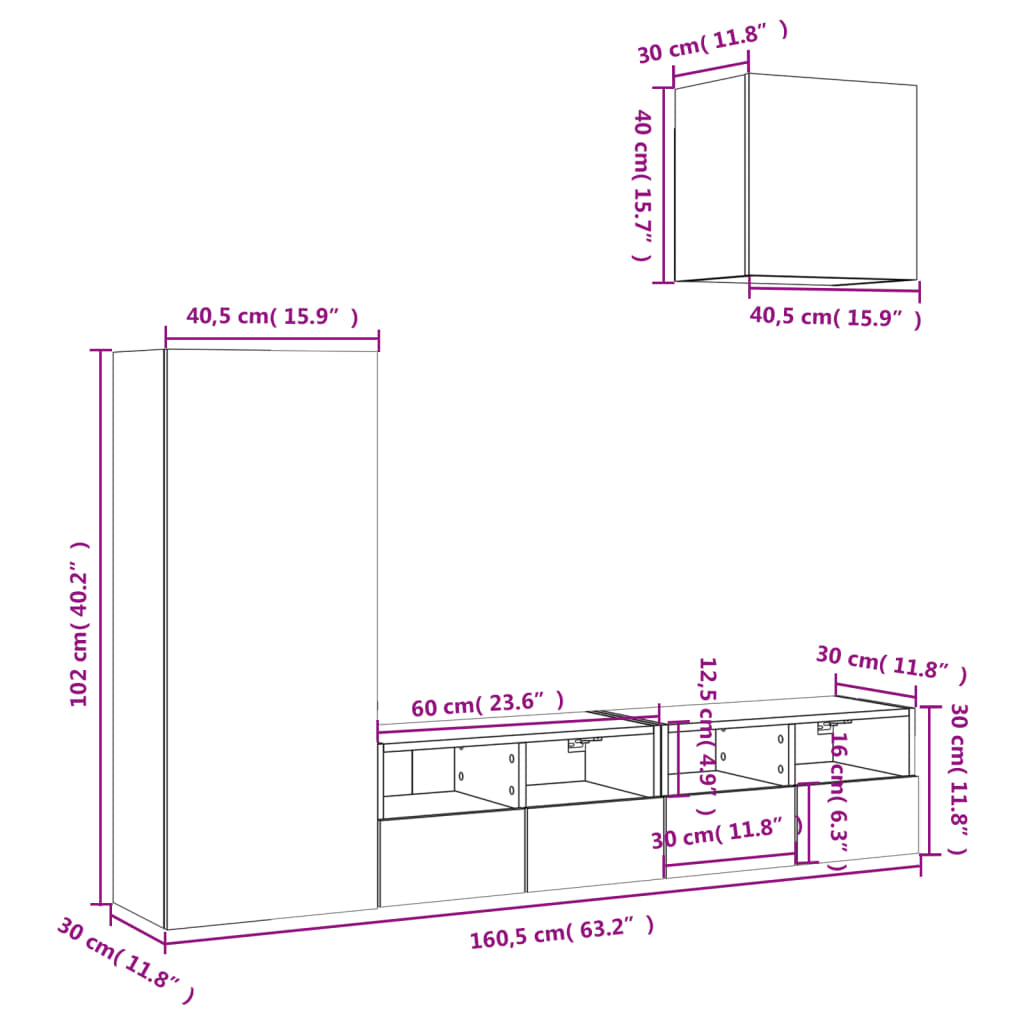 4 Piece White Living Room Wall Unit