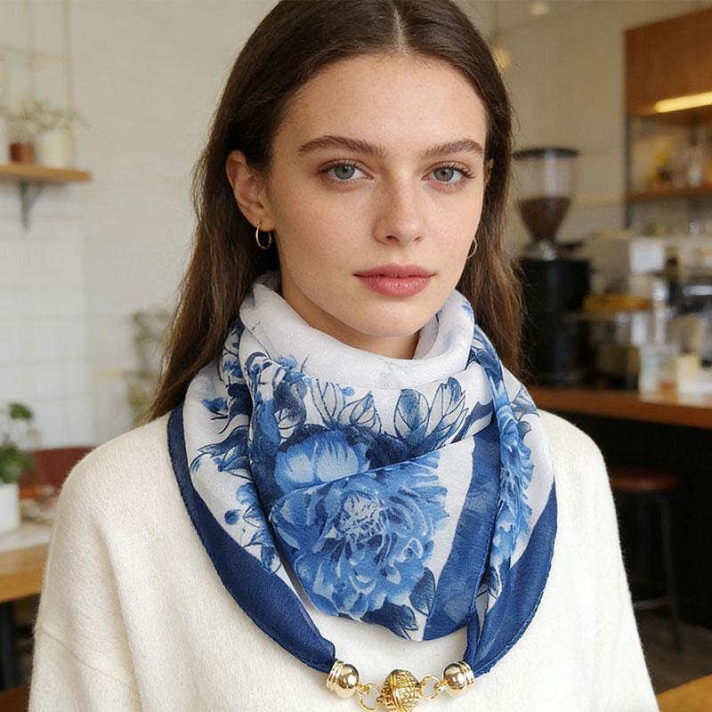 1Pc Scarf Versatile 65CM Fashion Magnetic Clasp Gift Neck Scarf Sweet Printed Chiffon