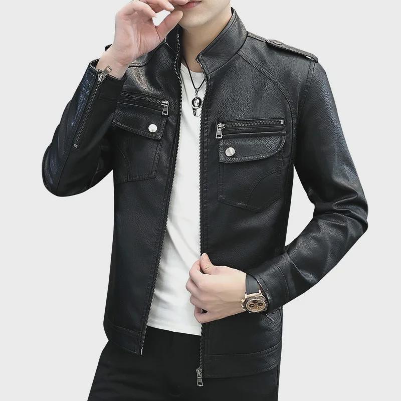 Men's Fashion Stand Collar Leather Motorcycle Jacket with Multi-Pockets for Autumn and Winter