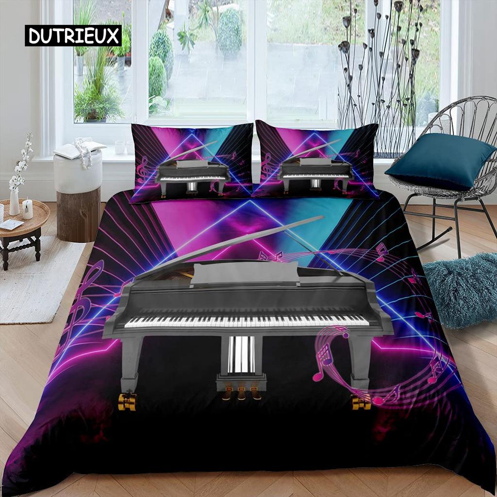Piano Pattern Duvet Cover Microfiber Classic Music Themed 2/3Pcs Bedding Set Musical Pattern Geometric Stripe King Quilt Cover