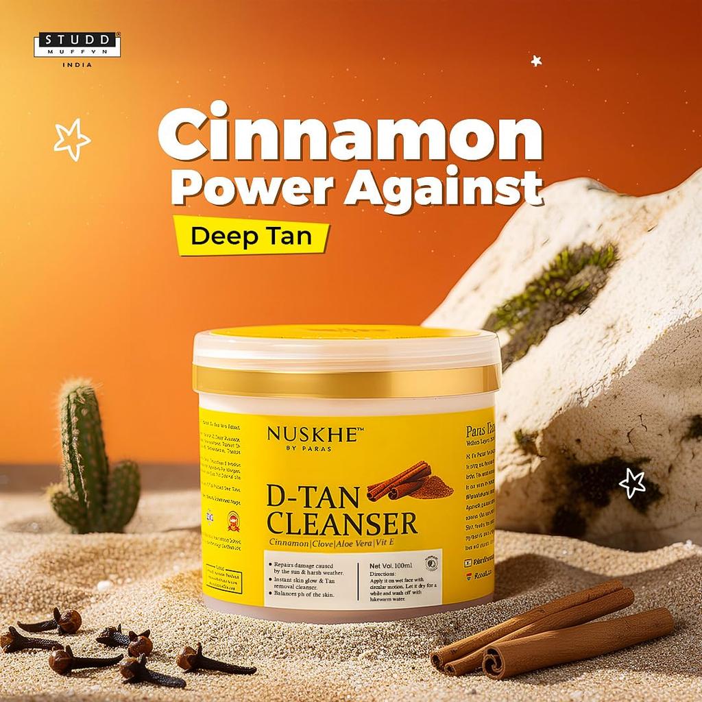 Nuskhe by Paras | D-Tan Cleanser 100g | Tan Removal Face Cleanser with Cinnamon, Clove Oil & Aloe Vera | Deep Pore Cleansing, Oil Control & Instant